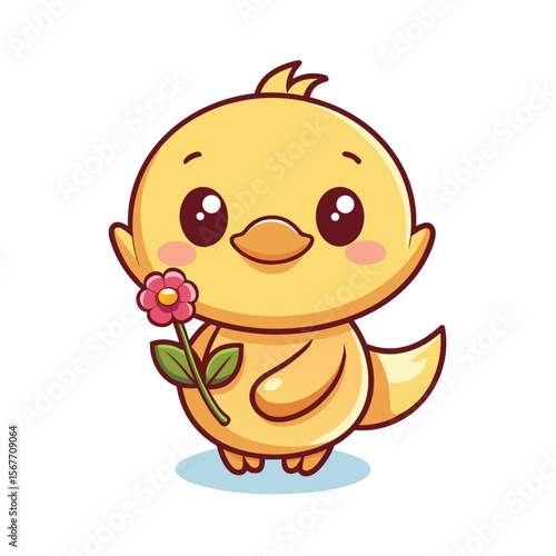 Sweet Duckling Holding A Flower Round Body And Tiny Wings