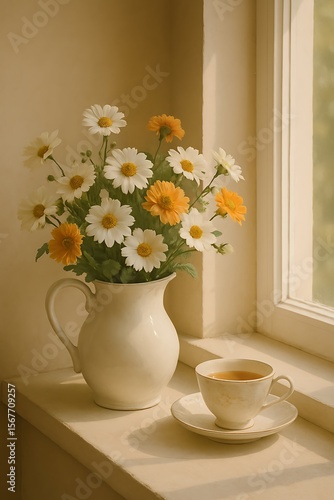 Wallpaper Mural Peaceful morning scene featuring daisies in a pitcher and tea on the windowsill, warm light. Torontodigital.ca