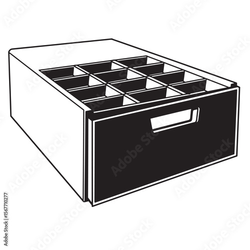 Black and white illustration of a storage crate with compartments and a handle for organization.