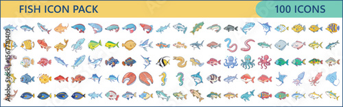 Colorful Fish Icon Pack – 100 Aquatic Vector Illustrations in Flat Style