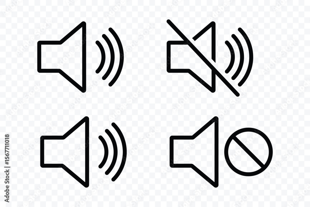Speaker icon set. Volume icon set. Mute and unmute volume sound flat vector icons. Noise icon, Silent sign, Low volume, Maximum Volume symbol, No volume. Vector illustrator Speaker icon set. Volume icon set. Mute and unmute volume sound flat vector icons. Noise icon, Silent sign, Low volume, Maximum Volume symbol, No volume. Vector illustrator