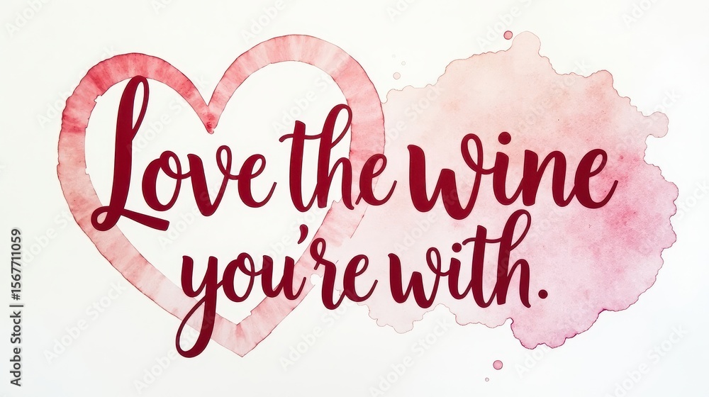 “Love the wine you’re with.” Flowing brush lettering, gradient from ruby to rose, subtle heart‑shaped wine stain circle framing the words, bright white watercolor paper texture, soft edges “Love the wine you’re with.” Flowing brush lettering, gradient from ruby to rose, subtle heart‑shaped wine stain circle framing the words, bright white watercolor paper texture, soft edges