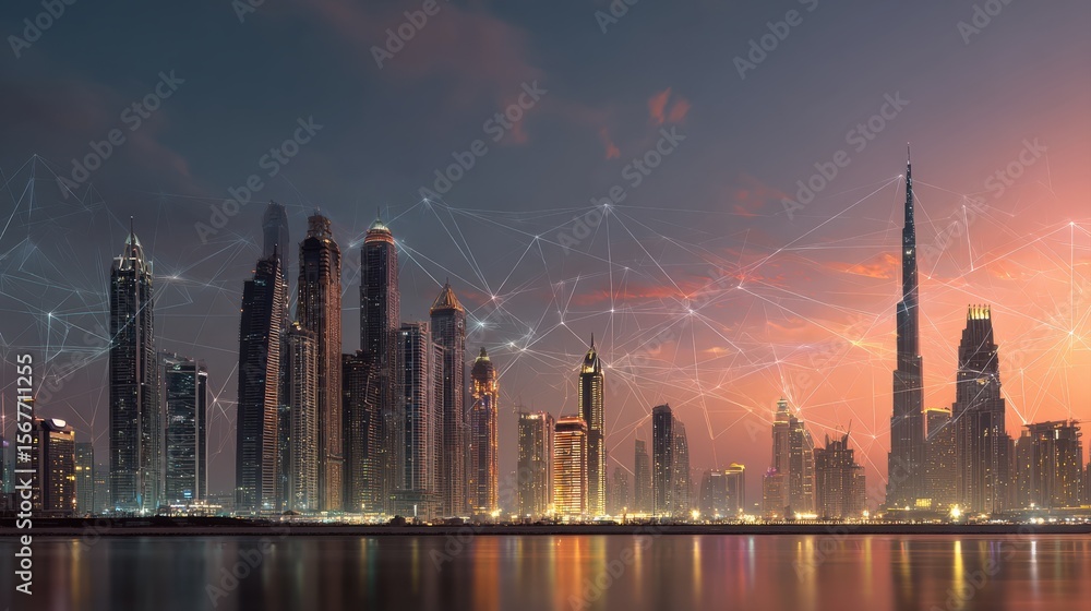 Obraz premium A futuristic city skyline at sunset with tall skyscrapers and digital network lines overlaying the scene.