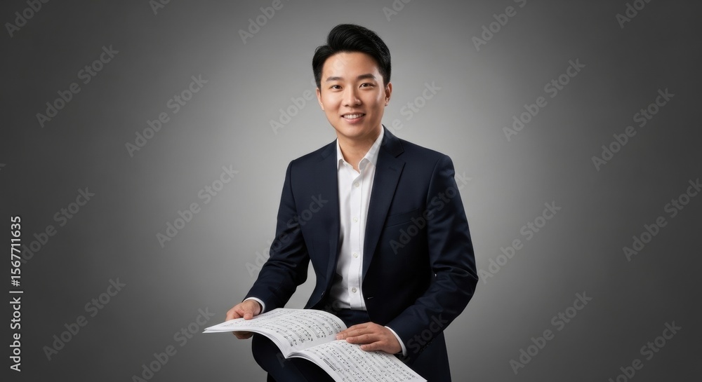 © BoldStock - Young asian male adult in formal suit holding sheet music on gray background © BoldStock - Young asian male adult in formal suit holding sheet music on gray background