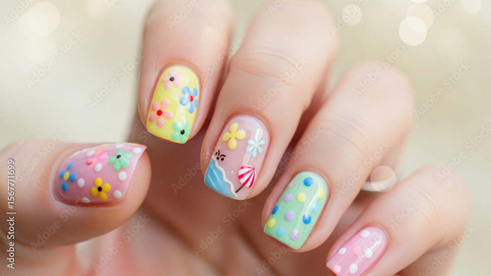 woman hands with colorful nail patterns woman hands with colorful nail patterns