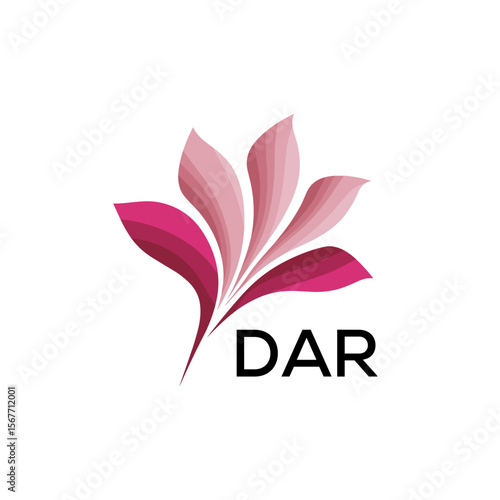 DAR Abstract Pink Flower Petals Logo with Typography , DAR Later Logo, Elegant Gradient Botanical Emblem with Text DAR , Creative Nature-Inspired Logo Concept Isolated on White.
