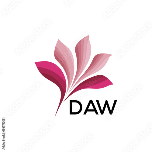 DAW Abstract Pink Flower Petals Logo with Typography , DAW Later Logo, Elegant Gradient Botanical Emblem with Text DAW , Creative Nature-Inspired Logo Concept Isolated on White.
