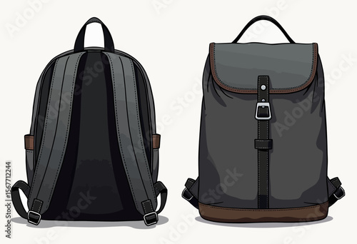 Front and back views of a classic gray canvas and brown leather backpack, a versatile and stylish rucksack for students, travelers, or daily urban commuters.
