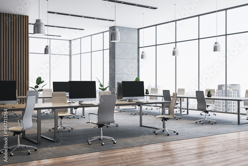 Fényképezés Modern empty coworking office interior with minimalist design, wooden floor, panoramic city view, white walls, and corporate workspace setup
