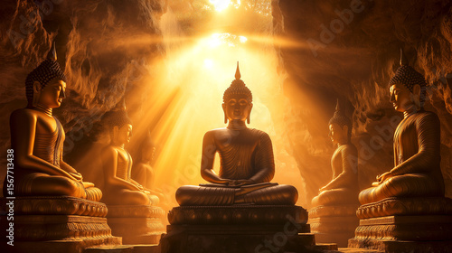 Wallpaper Mural Ancient golden Buddha statue in the cave the graphic background is light beam Torontodigital.ca