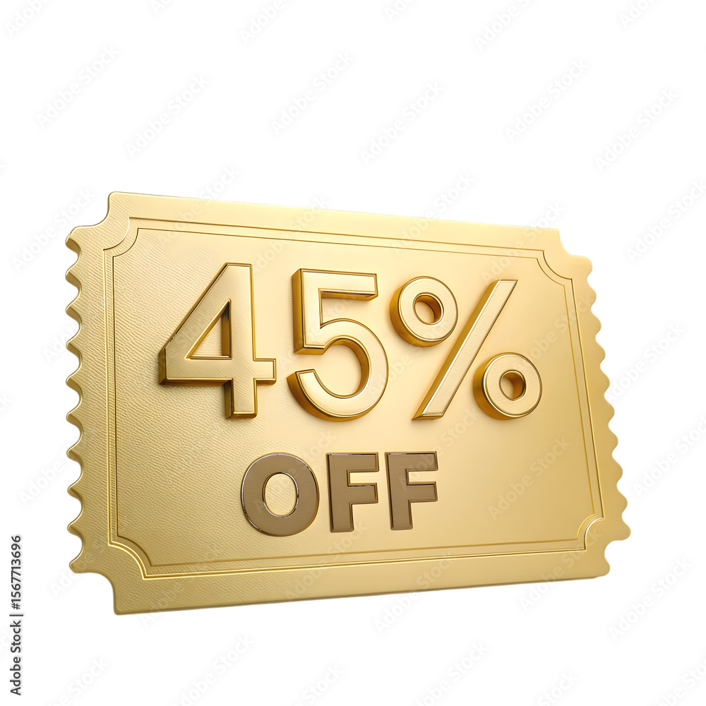 Golden discount ticket forty five percent off isolated on a transparent background Golden discount ticket forty five percent off isolated on a transparent background