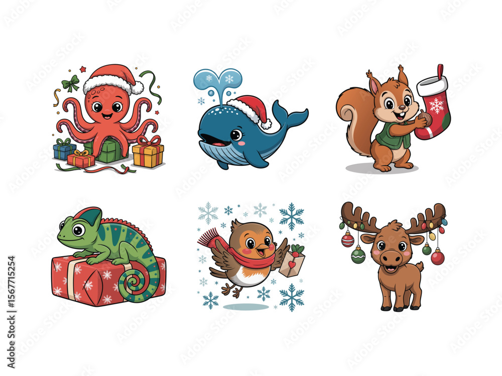 Fototapeta premium Playful and colorful Christmas animal illustrations, with festive animals celebrating the season, perfect for children’s holiday content