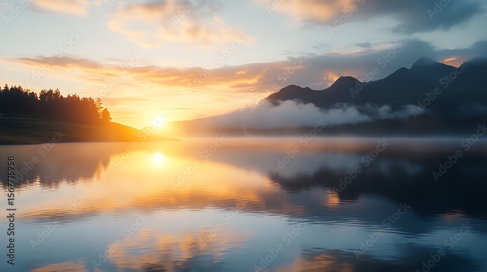 Obraz premium Golden sunrise reflecting on misty lake and mountains high resolution picture
