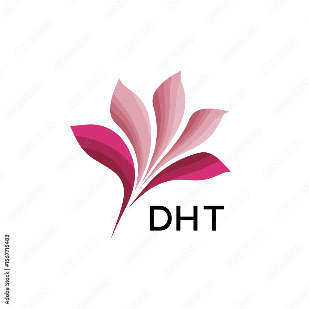 Fototapeta premium Abstract Pink Flower Petals Logo with Typography , DHT Later Logo, Elegant Gradient Botanical Emblem with Text DHT , Creative Nature-Inspired Logo Concept Isolated on White. 