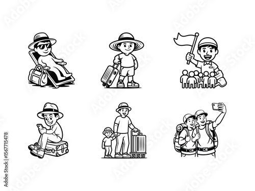 Set of cartoon tourist character line art for vacation themes, including relaxing, travel with family, and taking selfies