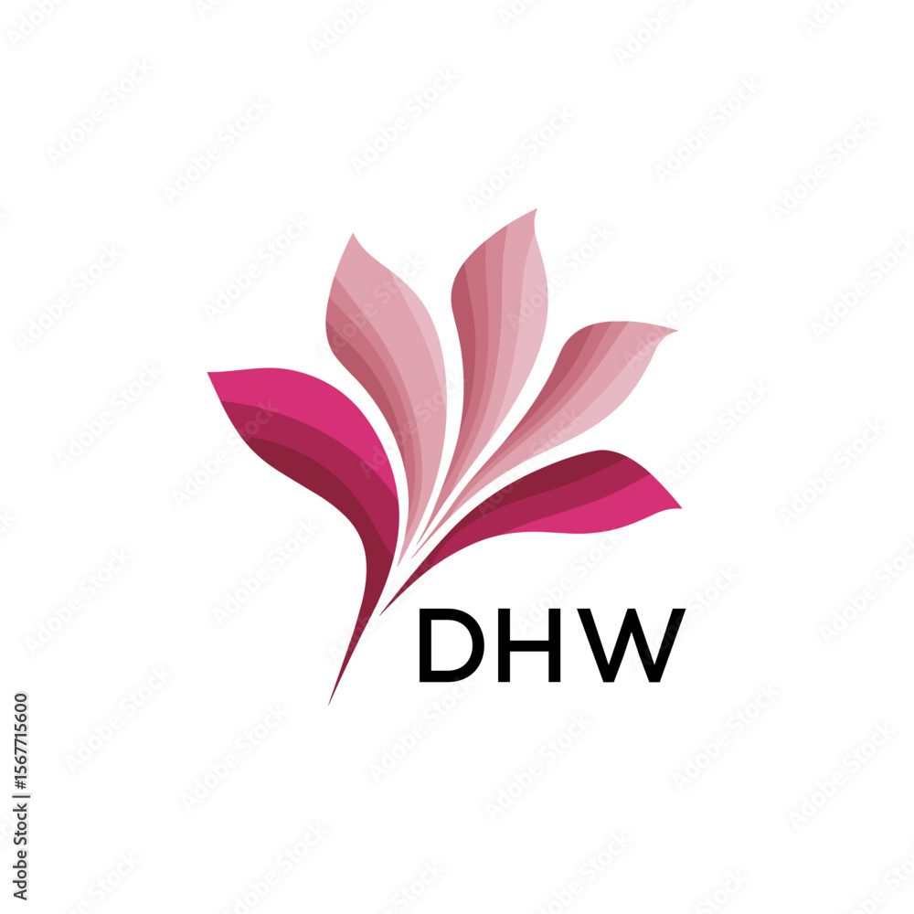 Fototapeta premium Abstract Pink Flower Petals Logo with Typography , DHW Later Logo, Elegant Gradient Botanical Emblem with Text DHW , Creative Nature-Inspired Logo Concept Isolated on White.