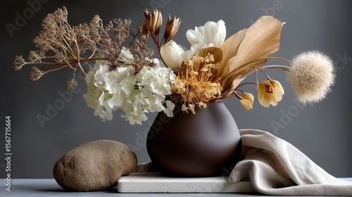 Natural dried flower arrangement in brown vase complemented by textured stone on gray background