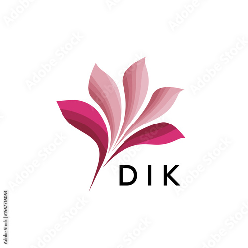 Abstract Pink Flower Petals Logo with Typography , DIK Later Logo, Elegant Gradient Botanical Emblem with Text DIK , Creative Nature-Inspired Logo Concept Isolated on White.
