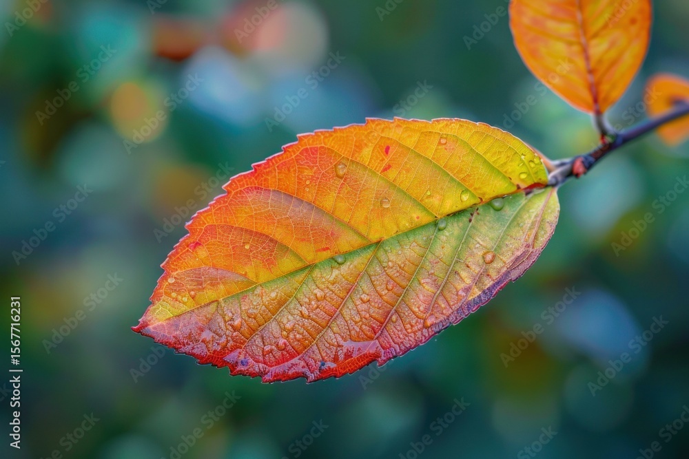 Obraz premium Vibrant leaf with water droplets clinging to its surface, displaying intricate veins and autumnal colors