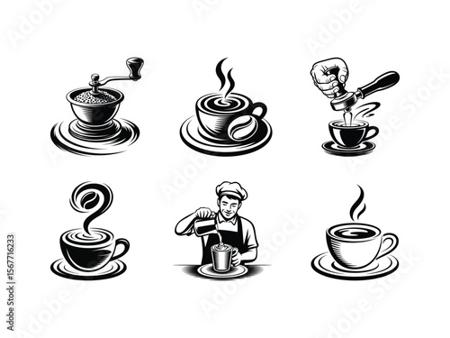 Set of silhouettes showing a barista making coffee, grinding beans, and tamping espresso for a coffee shop