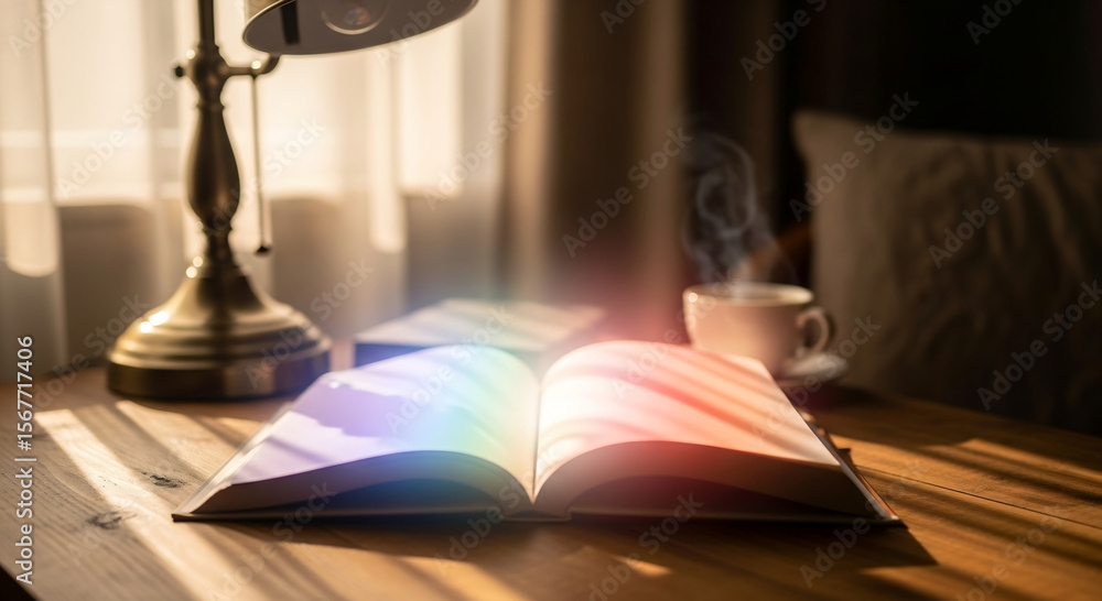 Fototapeta premium Open book with soft sunlight on wooden desk in cozy reading nook