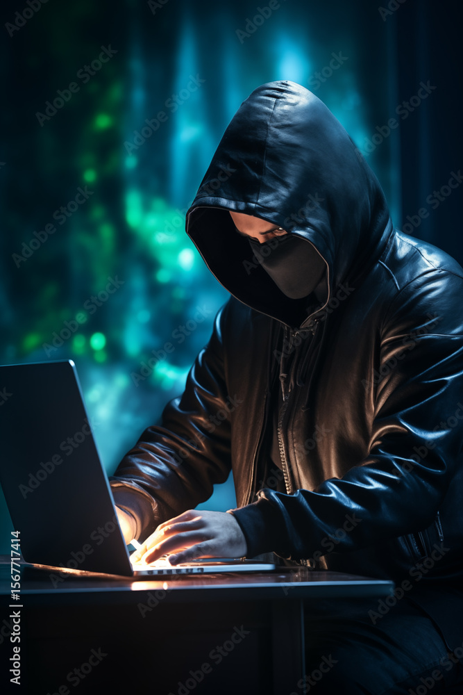 Hacker is sitting at laptop, cracking the username and password. Credit card phishing with cyber thief. Phishing scam, hacker attack and online scan and steal. Hacker is sitting at laptop, cracking the username and password. Credit card phishing with cyber thief. Phishing scam, hacker attack and online scan and steal.