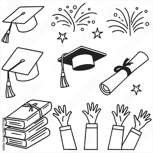 Graduation doodle illustration including icons - student in cap, diploma certificate scroll, university degree . Thin line art about high school education.line-art icons depicting graduation