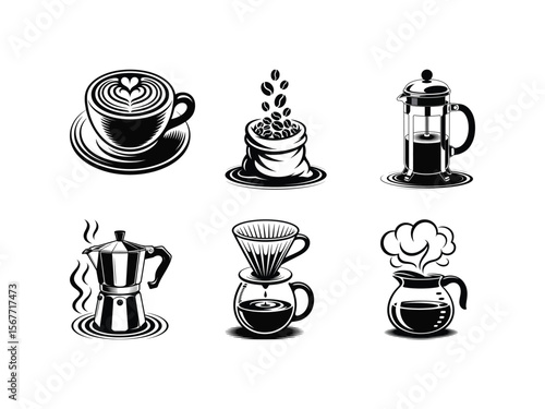 Silhouettes of different coffee brewing methods including french press, moka pot, and pour over for a cafe menu