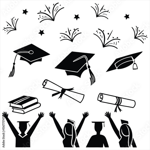 Graduation doodle illustration including icons - student in cap, diploma certificate scroll, university degree . Thin line art about high school education.line-art icons depicting graduation