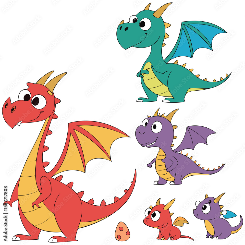 Fototapeta premium cartoon dragons ,tattoo dragons ,sticker dragons, A collection of various colorful cartoon dragons.