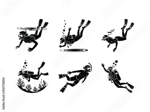 Silhouettes of scuba divers exploring the underwater world representing adventure, travel, and ocean exploration