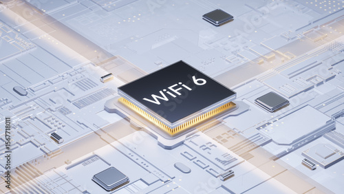 3D rendering of WiFi 6 chip integrated on printed circuit board for next - generation wireless technology concepts