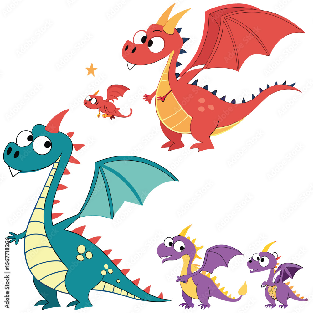 Fototapeta premium cartoon dragons ,tattoo dragons ,sticker dragons, A collection of various colorful cartoon dragons.