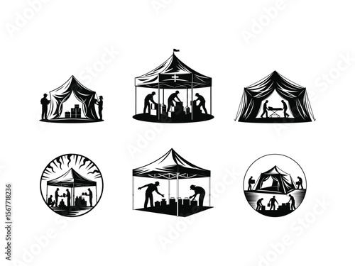 Silhouettes of volunteers distributing supplies from an emergency relief tent during a humanitarian aid operation
