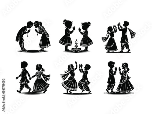 Vector icons of Indian children in traditional dress dancing and greeting which celebrates cultural festivals with happiness