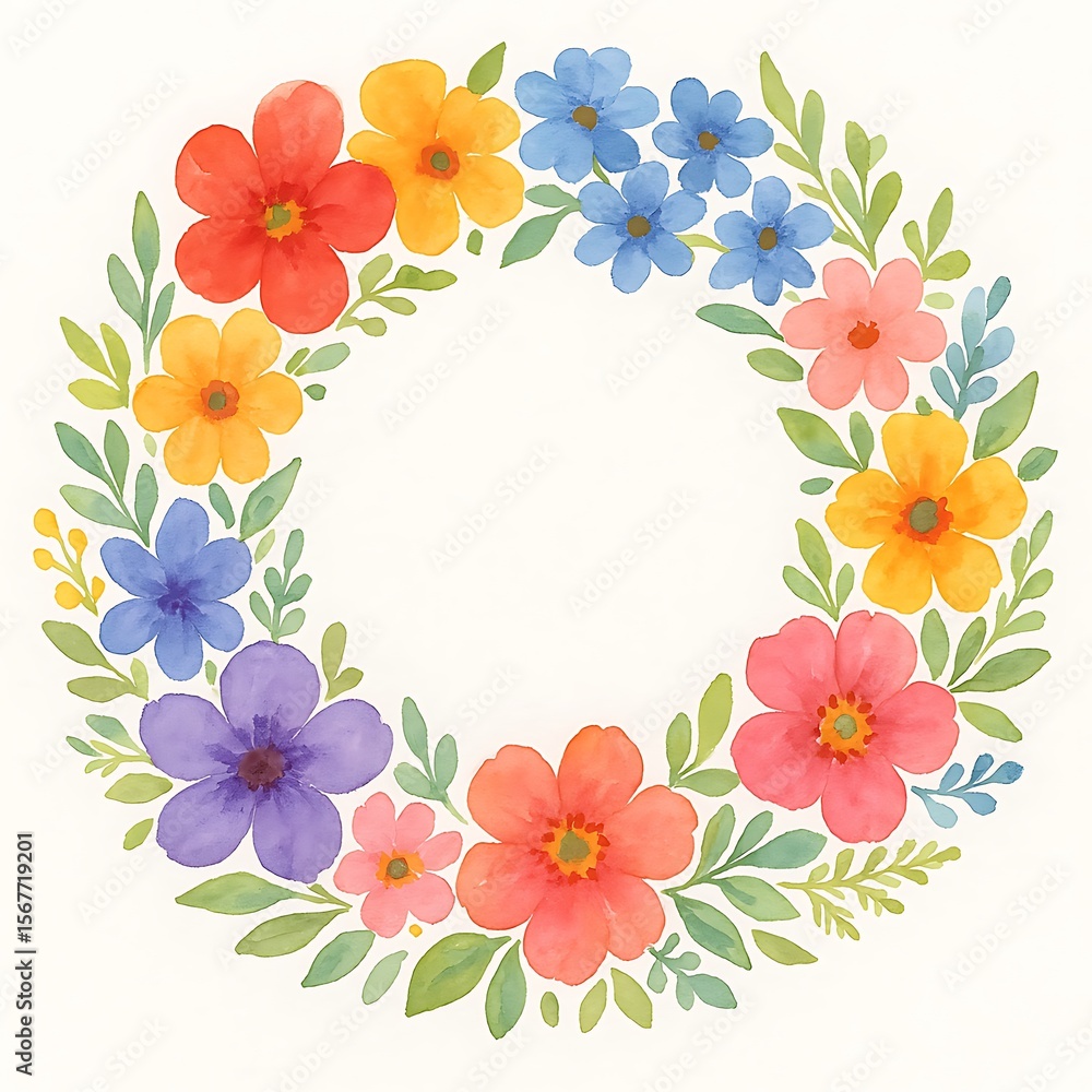 Fototapeta premium Colorful floral wreath with watercolor effect featuring red, blue, orange, and purple flowers