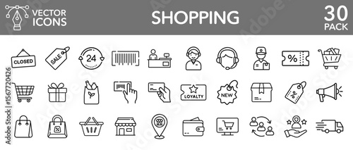 Shopping ecommerce retail online store sale marketing vector line icons set