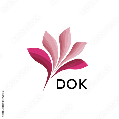 Abstract Pink Flower Petals Logo with Typography , DOK Later Logo, Elegant Gradient Botanical Emblem with Text DOK , Creative Nature-Inspired Logo Concept Isolated on White.
