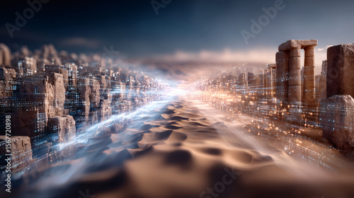 Futuristic cityscape transformation desert landscape digital art surreal environment aerial view urbanization concept