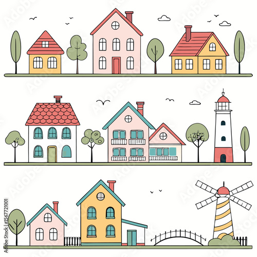 A collection of various stylized houses and buildings