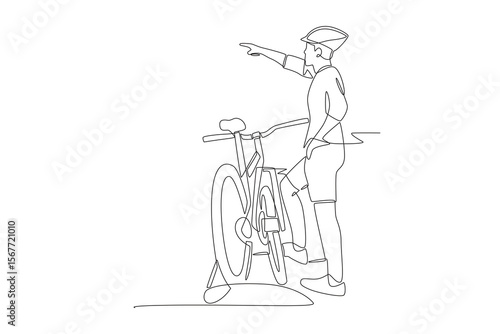 Man pointing to bicycle touring destination. Biking tours concept one-line drawing