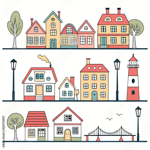 A collection of various stylized houses and buildings