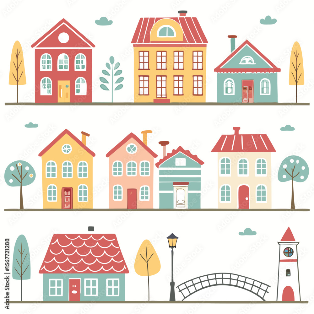 A collection of various stylized houses and buildings A collection of various stylized houses and buildings