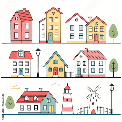 A collection of various stylized houses and buildings