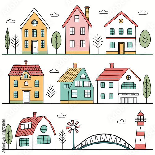 A collection of various stylized houses and buildings
