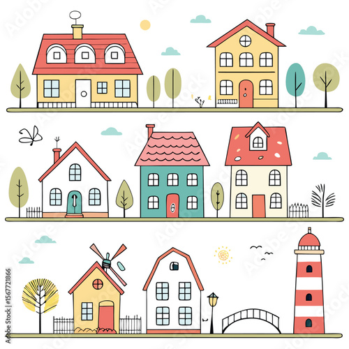 A collection of various stylized houses and buildings