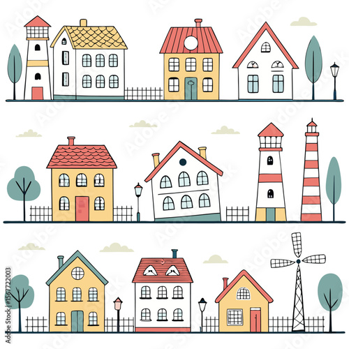 A collection of various stylized houses and buildings