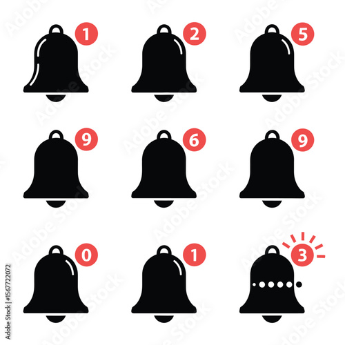 Set of notification bell icons with different badge numbers