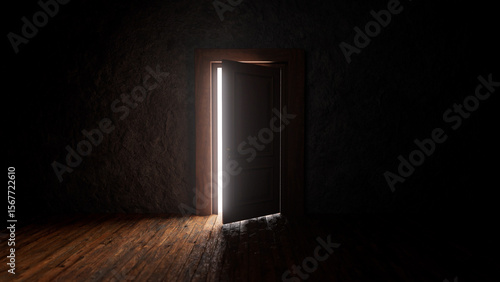 Fotografía Wooden door with bright light shining into dark room with wooden floor and dark