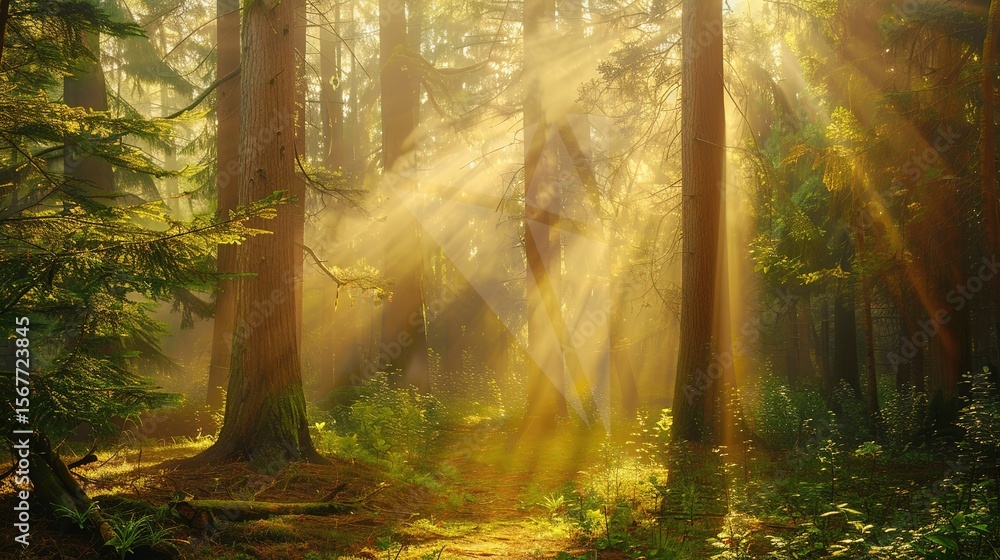 Obraz premium Misty forest of towering red-barked trees with sunbeams piercing through ancient canopy, conveying primordial serenity.